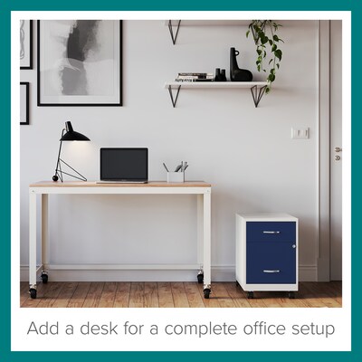 Space Solutions 18" 2-Drawer Mobile Verticle File Cabinet with Accessory Drawer, Letter Width, Pearl White/Navy (25940)