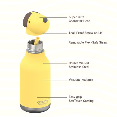 ASOBU Bestie Bottle Dog Vacuum Insulated Stainless Steel Water Bottle with Reusable Flexi Straw, 16 oz., Yellow (SBV44DO)