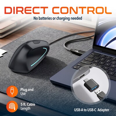 Delton S12 Wired Vertical Ergonomic Left-Handed USB-A/C Mouse, Black (DMERG12LU)