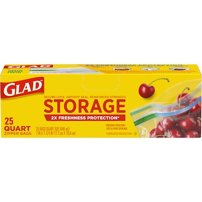 Glad Zipper Storage Bags, Quart, 25 Bags/Box (55052)