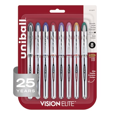 uni-ball Vision Elite Rollerball Pen, Bold Point, 0.8mm, Assorted Ink, 8/Pack (90199PP)