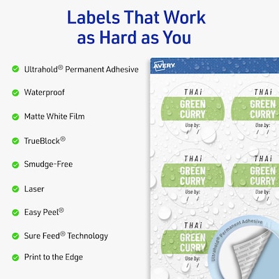 Avery Waterproof Round Laser Multipurpose Labels, 2.25 Dia., White, 300/Pack (19479399441)