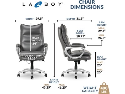 La-Z-Boy Jenkins Ergonomic Bonded Leather Executive Big & Tall Chair, 400 lb. Capacity, Gray (60075-GRY)