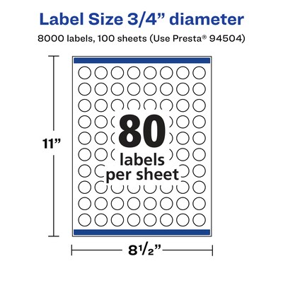 Avery Laser/Inkjet Waterproof Round Multipurpose Labels, 0.75" Dia., White, 8000 Labels/Box (94504)
