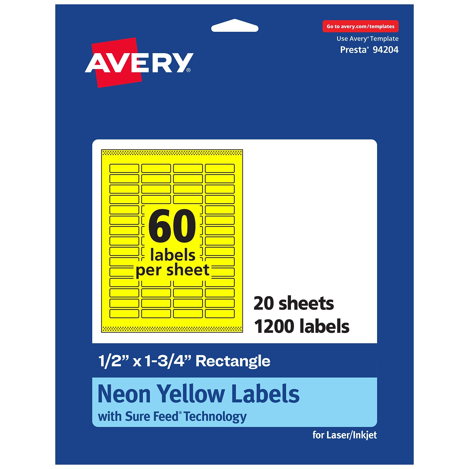 Avery Laser/Inkjet Multipurpose Rectangle Labels, 0.5 x 1.75, Neon Yellow, 1200/Pack (94204)