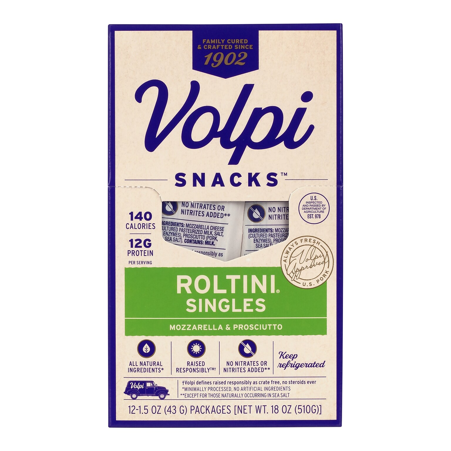 Volpi Roltini Singles, Prosciutto & Mozzarella, 1.5 oz, 24/Pack (220-02484)
