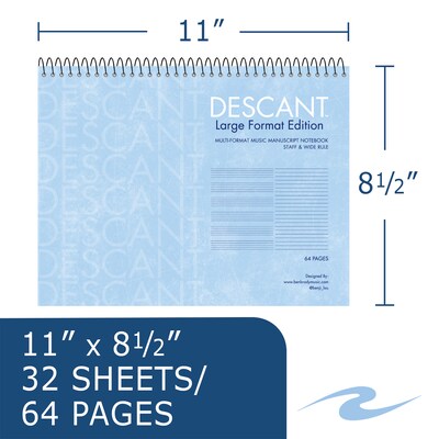 Descant Large Format Edition Professional Notebooks, 11" x 8.5", Staff/Wide Ruled, 32 Sheets, Blue, 24/Case (11033cs)
