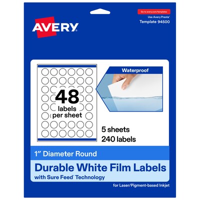 Avery Laser/Inkjet Round Multipurpose Labels, 1 Dia., White, 240 Labels/Pack (94500)