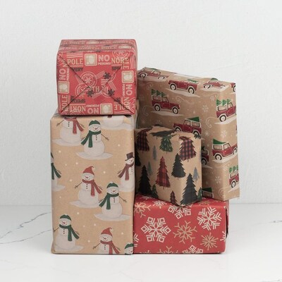 JAM Paper Christmas Wrapping Paper, 25 Sq. ft. x 30", Kids Kraft Christmas Set, 5 Rolls/Pack (165K5KRKID)