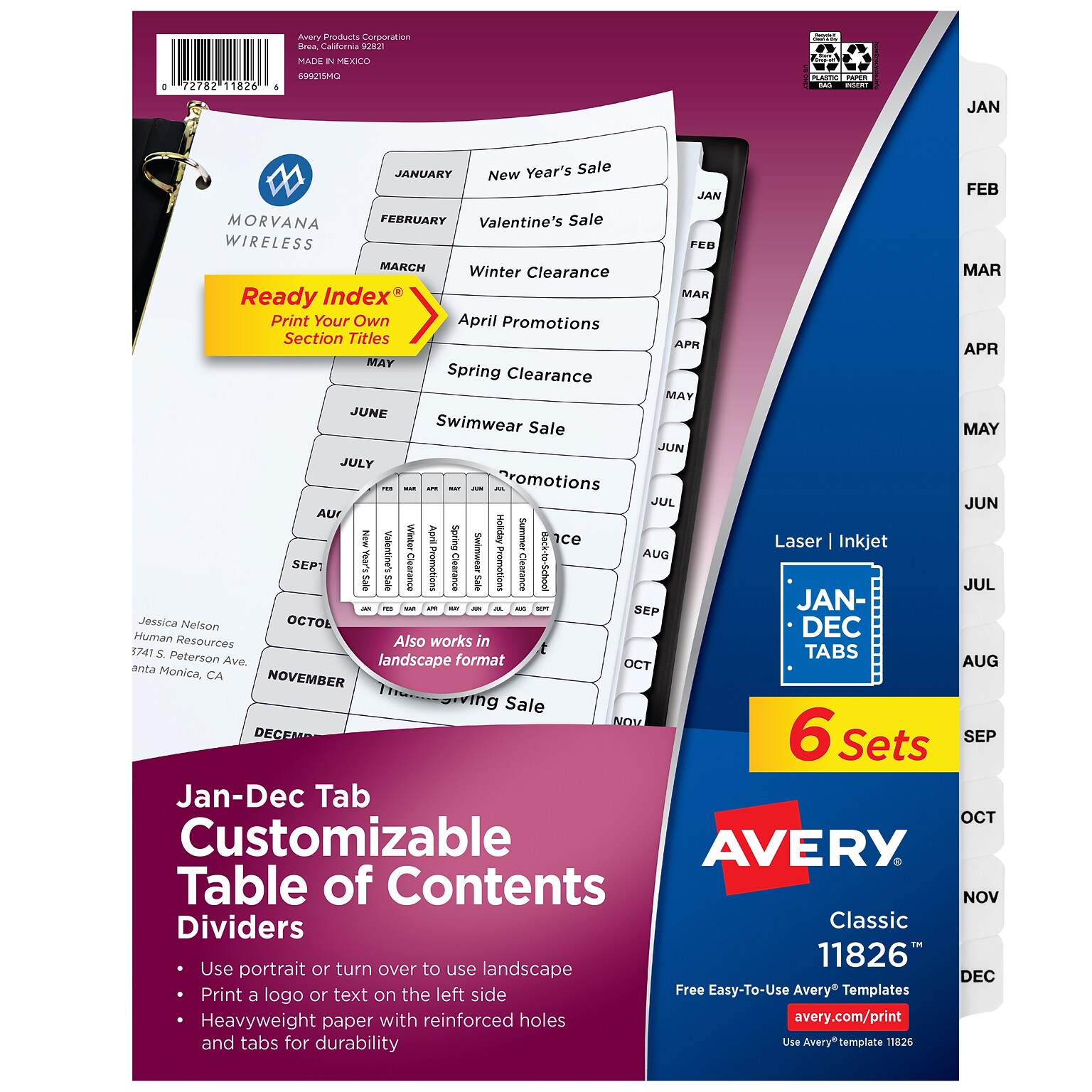 Avery Ready Index Table of Contents Paper Dividers, Jan-Dec Tabs, White, 6 Sets/Pack (11826)