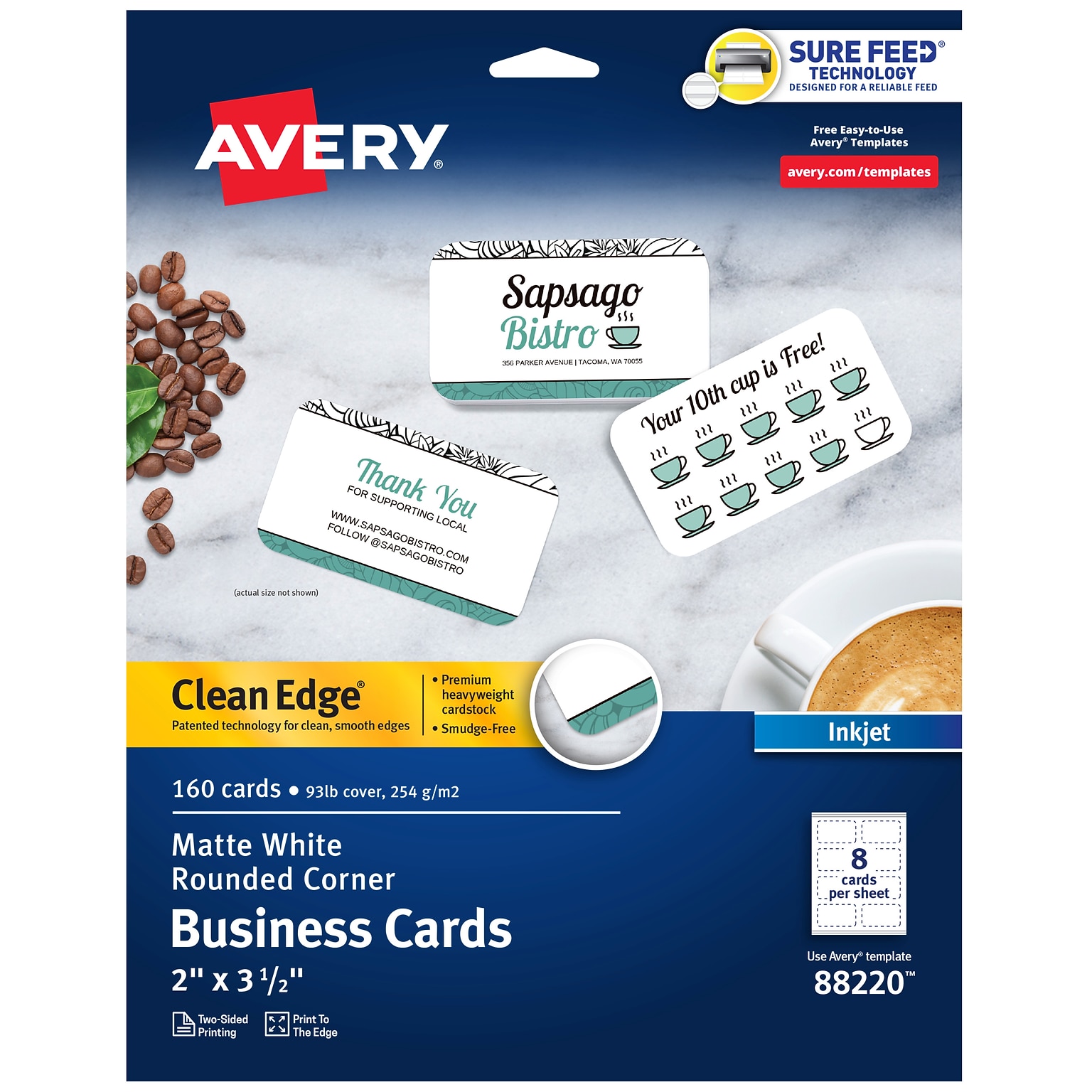 Avery Two-Side Rounded Corners Printable Clean Edge™ Business Cards, Inkjet, Matte White, 2 x 3 1/2, 160/Pk