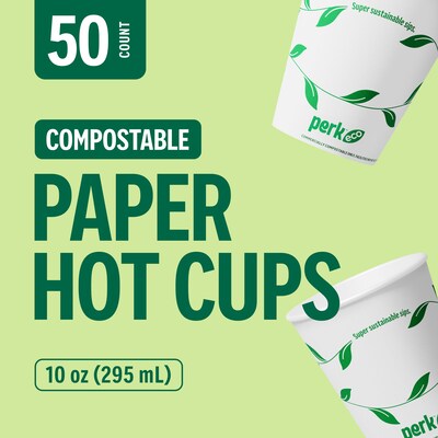 Perk™ Eco Compostable Paper Hot Cup, 10 Oz., White/Green, 50/Pack (PK56223)
