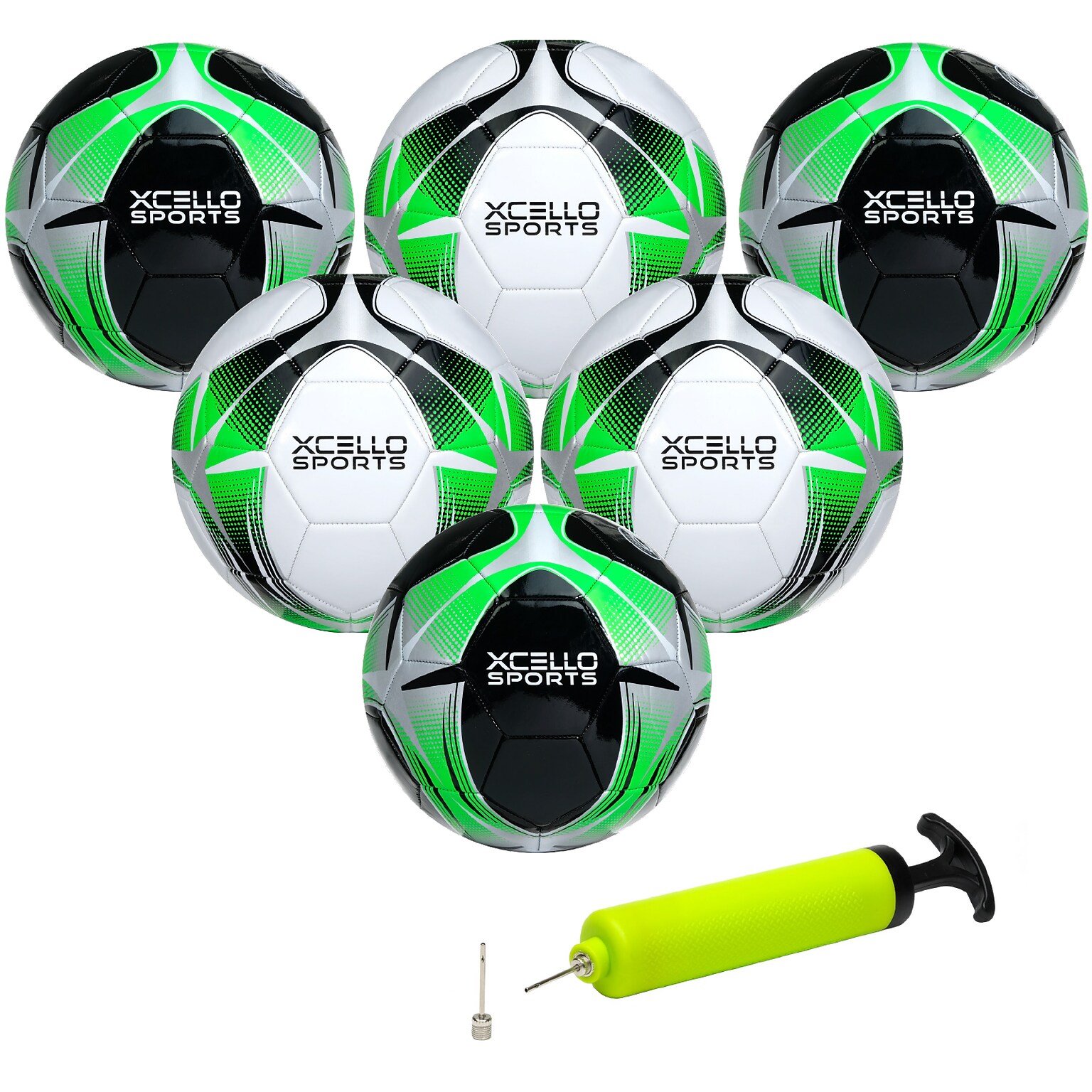 Xcello Sports Size 5 Soccer Balls with Pump, Black/Green/Silver and White/Green/Silver, 6/Pack (SB-S5-6-ASST-7)