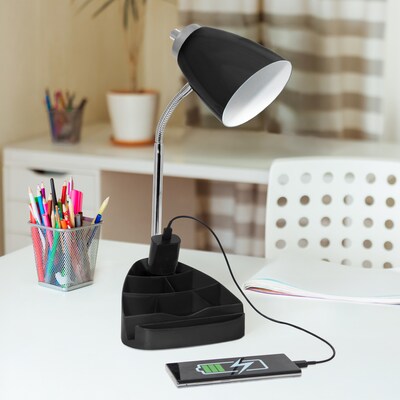 Simple Designs Gooseneck Organizer LED Desk Lamp, 18.50", with iPad Tablet Stand and Charging Outlet, Black (LD1057-BLK )