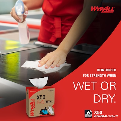 WypAll GeneralClean X50 Cloth Cleaning Wipers, 12.5" x 9.1", White, 168 Wipers/Box, 10/Carton (83550)