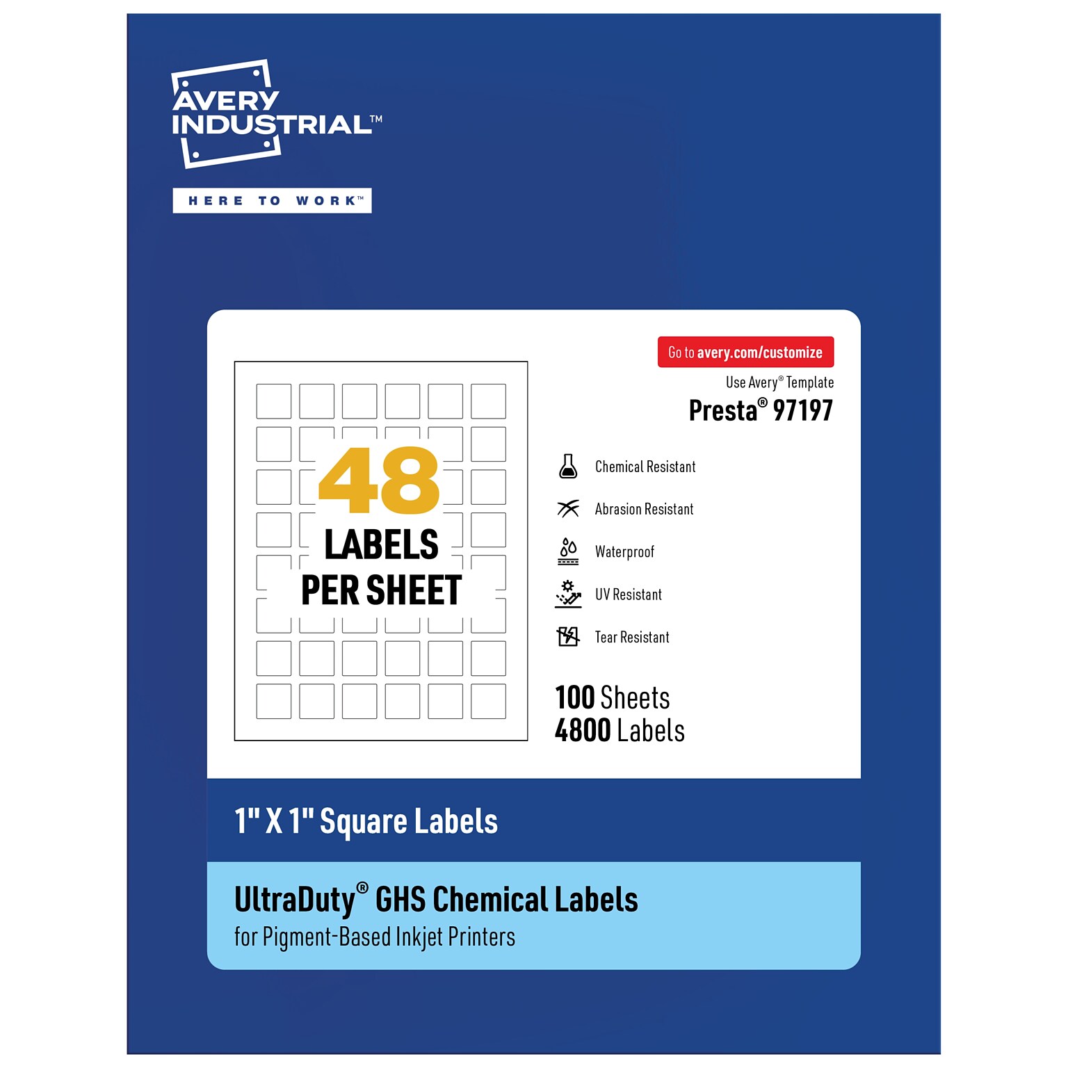 Avery UltraDuty Inkjet Square Multipurpose Labels, 1 x 1, White, 4800 Labels/Box ( 97197)