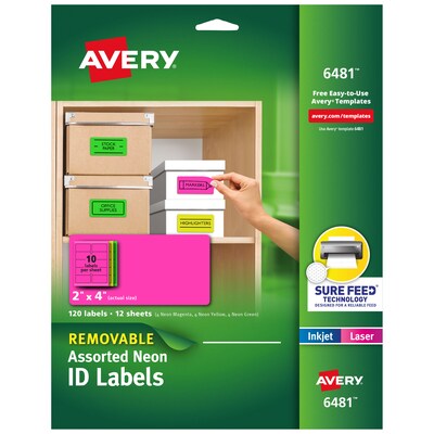 Avery Sure Feed Laser/Inkjet Removable ID Labels, 2 x 4, Assorted Neon, 120 Labels/Pack (6481)