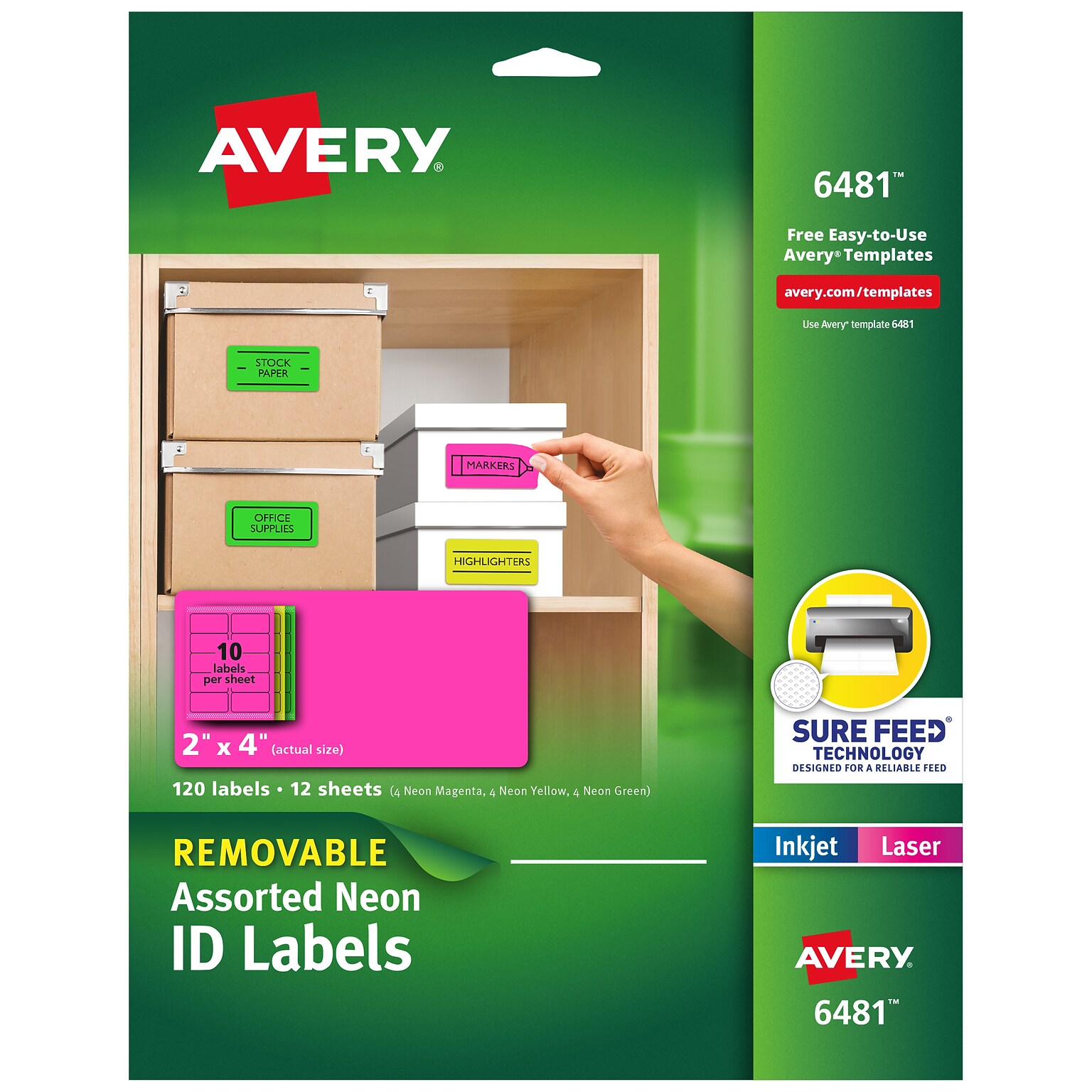 Avery Sure Feed Laser/Inkjet Removable ID Labels, 2 x 4, Assorted Neon, 120 Labels/Pack (6481)