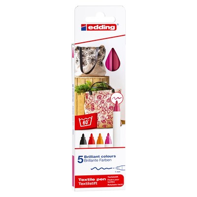 Edding Edd Textile Markers and Pens, 4600 Series Textile Pen, Assorted Ink, 5/Set (EDD446005999)
