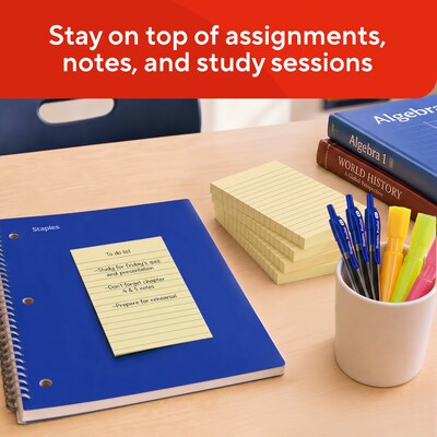 Staples Recycled Sticky Notes, 4" x 6", Sunshine Collection, Lined, 100 Sheets/Pad, 5 Pads/Pack (S46YR/552572)