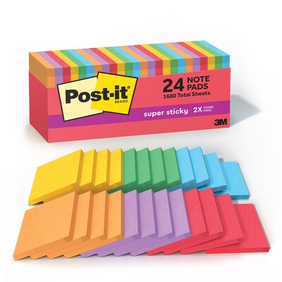Post-it Super Sticky Notes, 3 x 3, Playful Primaries Collection, 70 Sheet/Pad, 24 Pads/Pack (65424SSANCP)
