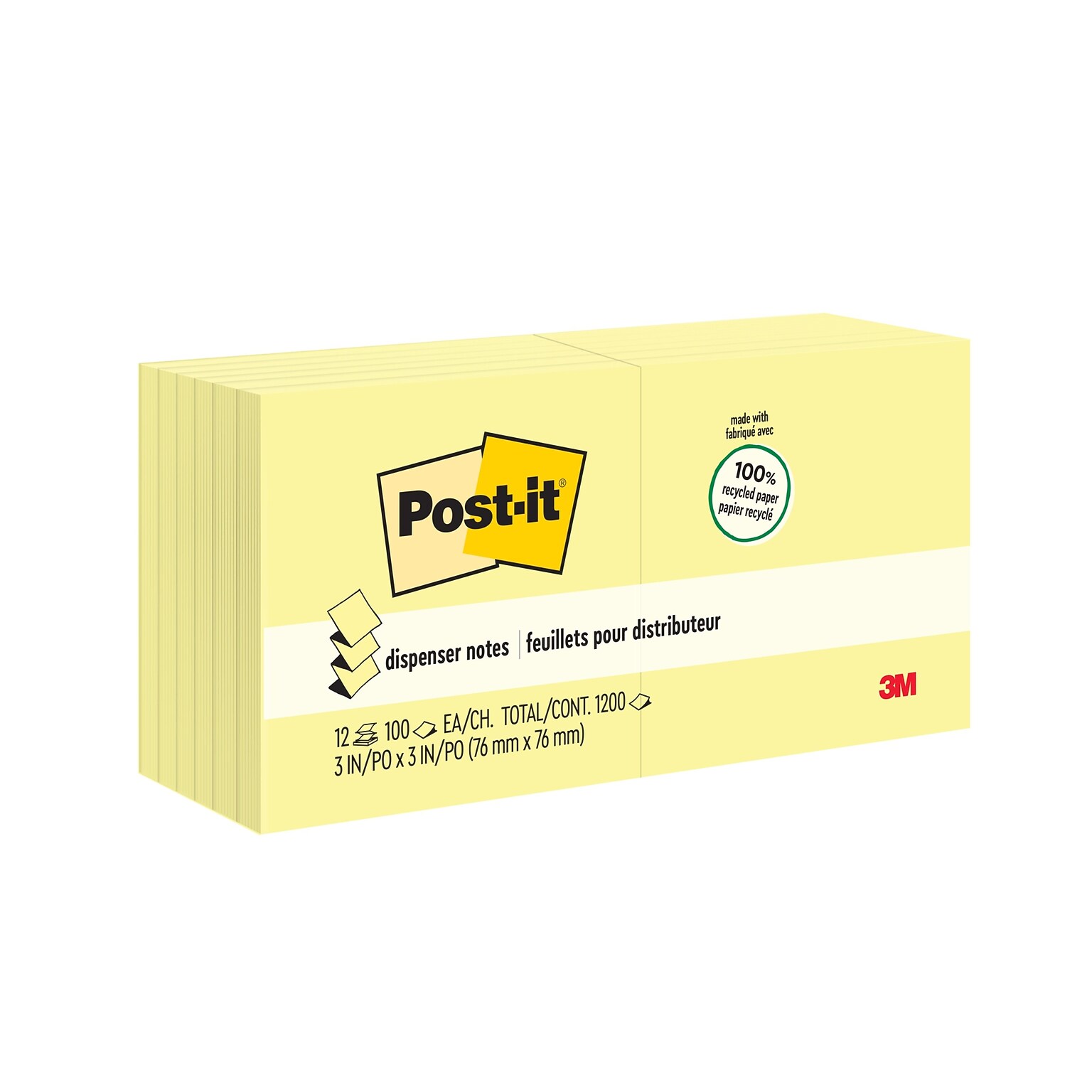 Post-it Recycled Pop-up Notes, 3 x 3, Canary Collection, 100 Sheet/Pad, 12 Pads/Pack (R330RP12YW)