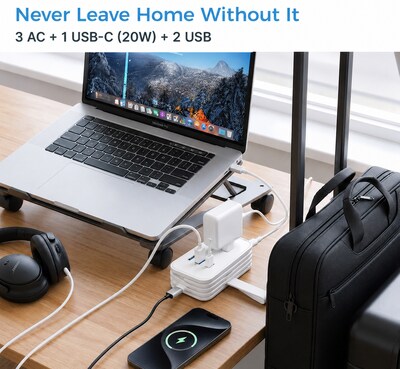 Uncaged Ergonomics Travel Power Strip with USB-C, 3 AC, 2 USB-C (20W), 1 USB-A, 3.4 ft Cord, White