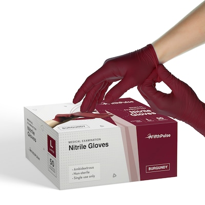 FifthPulse Powder Free Nitrile Gloves, Latex Free, Large, Burgundy, 50/Box (FMN100184)