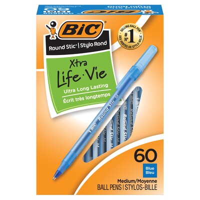 BIC Round Stic Xtra Life Ballpoint Pens, Medium Point, 1.0mm, Blue Ink, 60/Pack (GSM609-BLU)