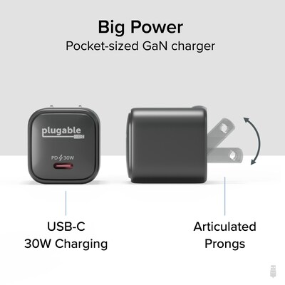 Plugable GaN USB-C Charger Block, 30W, Black (PS-30C1B-3X)