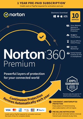 Norton 360 Premium 10 Device, Windows/Mac/Android/iOS, Product Key Card (21392060)