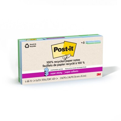 Post-it Oasis Recycled Pop-up Super Sticky Notes, 3 x 3, Oasis Collection, 70 Sheets/Pad, 6 Pads/P