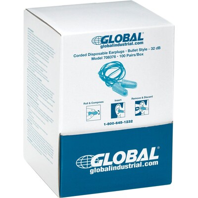 Global Industrial Bullet Earplugs, Tapered, Corded, NRR 32 dB, 100 Pairs/Box (708376)
