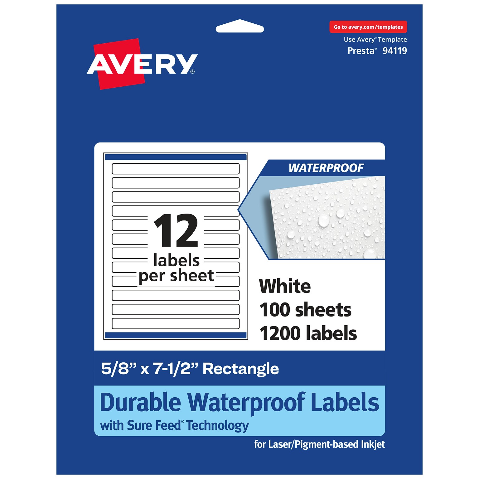 Avery Laser/Inkjet Rectangle Waterproof Multipurpose Labels, 7.5  x 0.625, White, 1200/Box (94119)