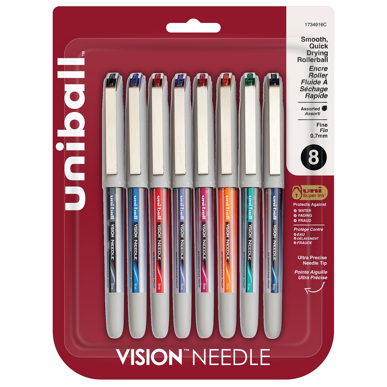 uni-ball Vision Needle Rollerball Pens, Fine Point, 0.7mm, Assorted Ink, 8/Pack (1734916)