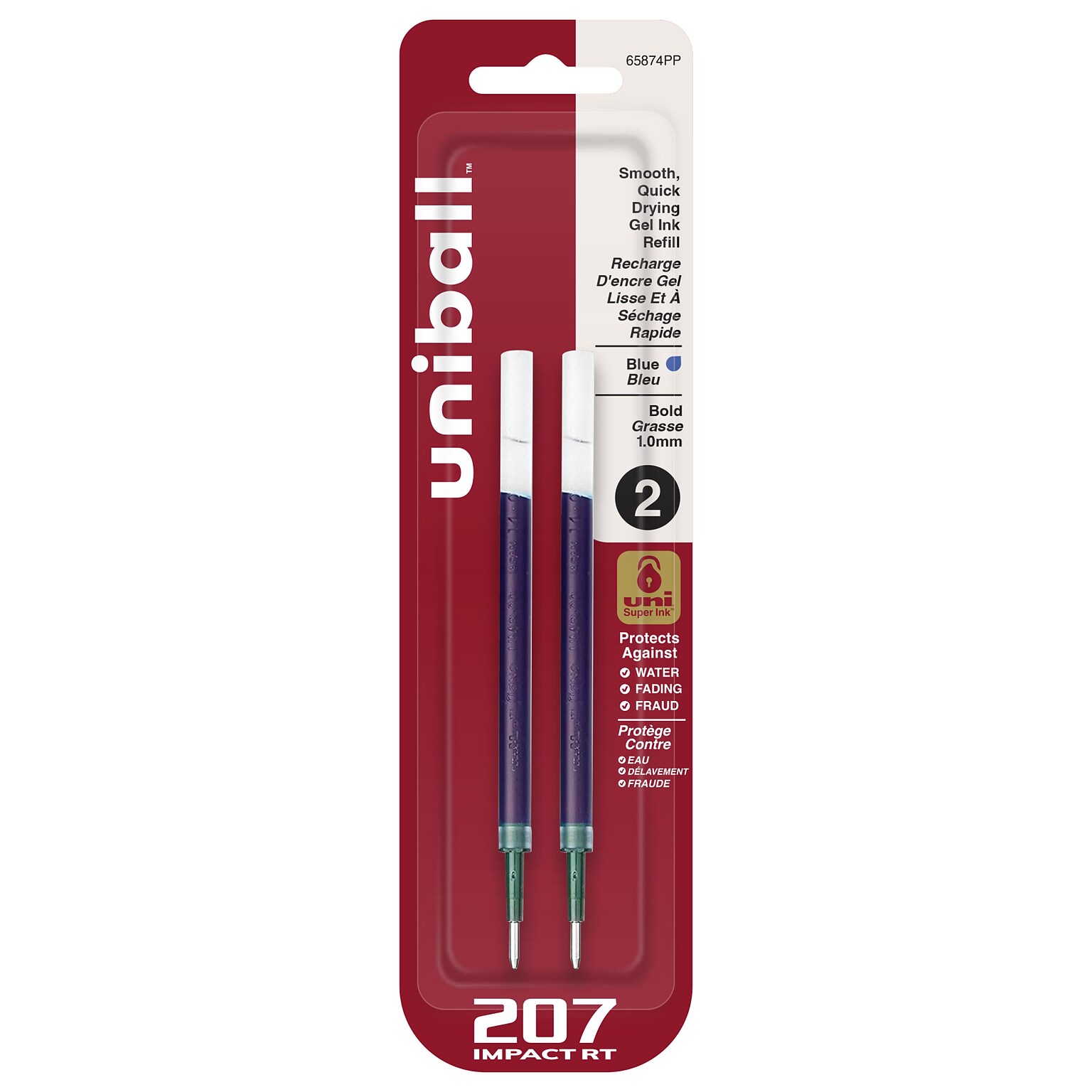 uni-ball 207 Impact RT Gel-Ink Pen Refill, Bold Tip, Blue Ink, 2/Pack (65874PP)