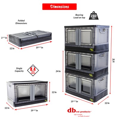 Dbest Quik Box Medium Stackable Folding Plastic Storage Bin, 12" x 12" x 11", 34 Qt., Black (01-931)