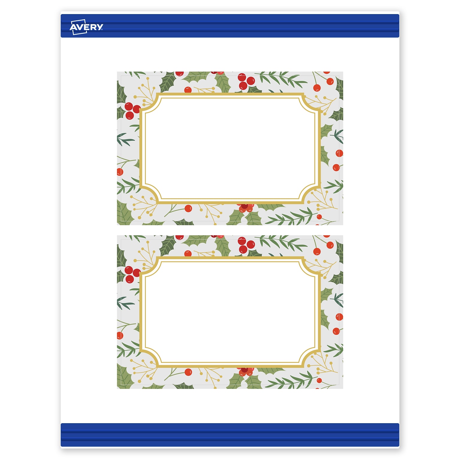 Avery Gold-Blue Border Berries Matte Blank Card, White, 20/Pack (S00-FEC)