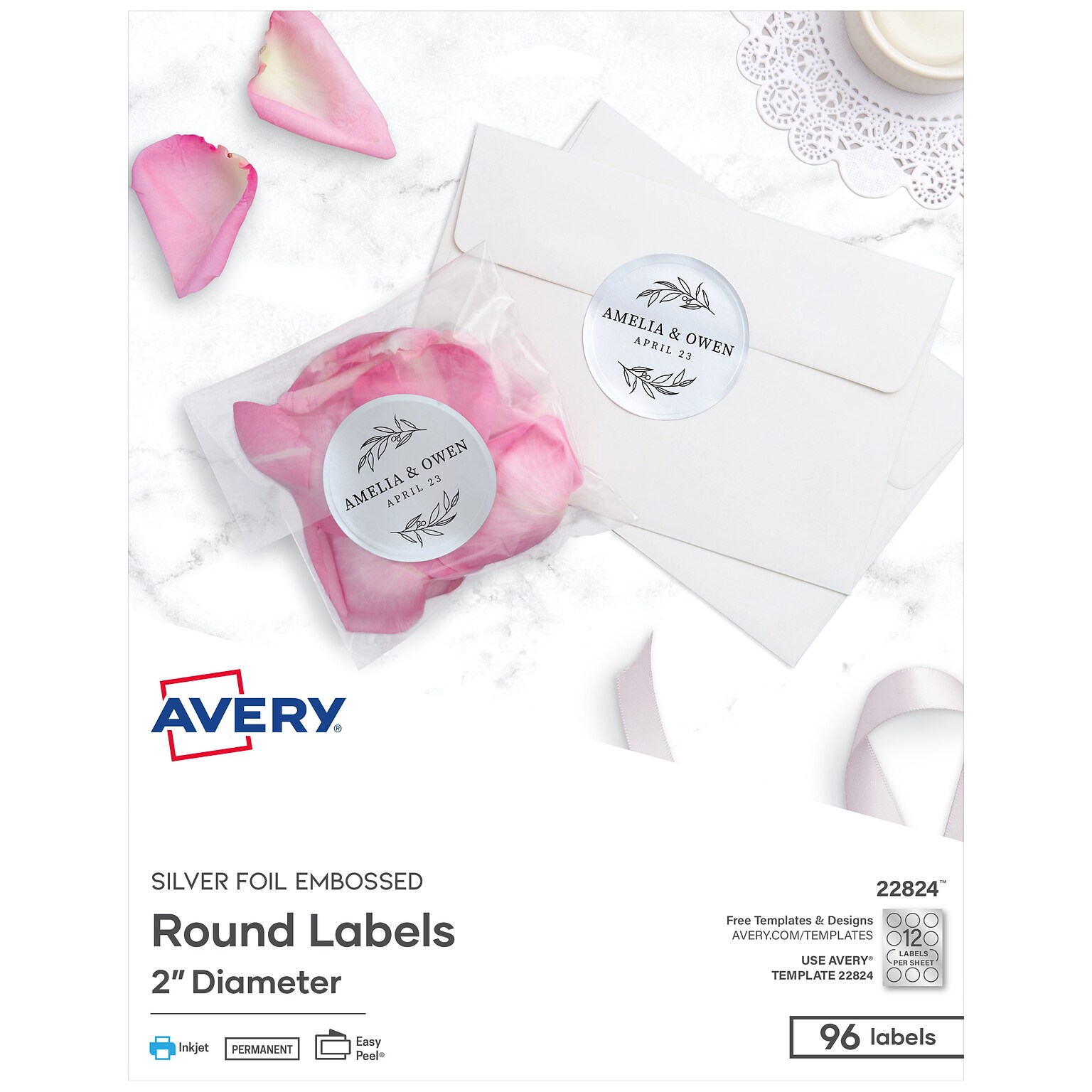 Avery Easy Peel Inkjet Embossed Foil Round Labels, 2 Dia, Silver, 96 Labels/Pack (22824)