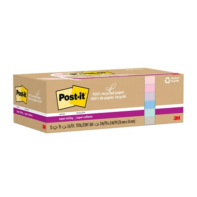 Post-it® 100% Recycled Paper Super Sticky Notes, 3 x 3, Wanderlust Pastels Collection, 12 Pads/Pac
