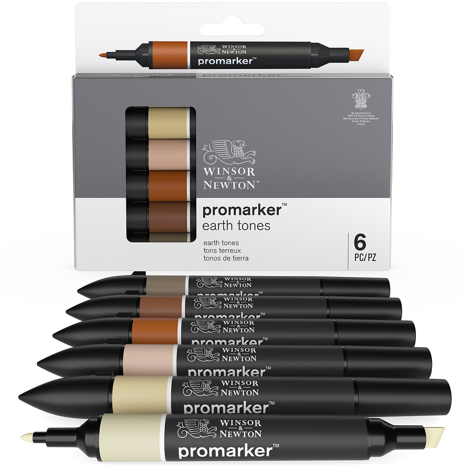 Winsor & Newton Promarker Dual-Tip Alcohol Based Marker, Earth Tones, 6/Pack (WNX0290160)