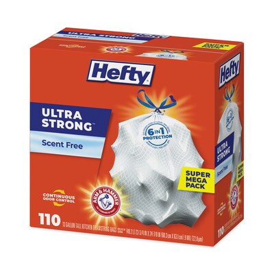 Hefty® Ultra Strong Tall Kitchen and Trash Bags, 13 gal, 0.9 mil, 23.75" x 24.88", White, 110/Box