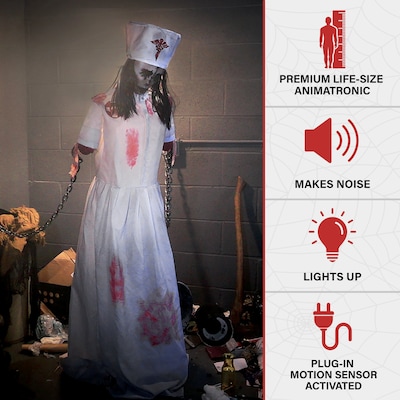 Haunted Hill Farm 5.2 ft. Convulsing Nurse Halloween Animatronic by Tekky with Motion-Activated Soun
