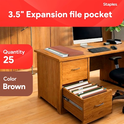 Staples Reinforced File Pockets, Letter Size, 3.5-Inch Expansion, Heavy-Duty Brown Accordion Files for Organization – 25/Pack