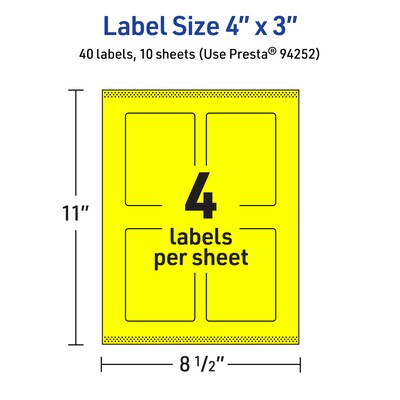 Avery Laser/Inkjet Rectangle Multipurpose Labels, 4" x 3", Neon Yellow, 40/Pack (94252)
