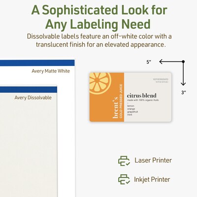 Avery Dissolvable Rectangle Multipurpose Labels, 3" x 5", Off-white, 15/Pack (94213)