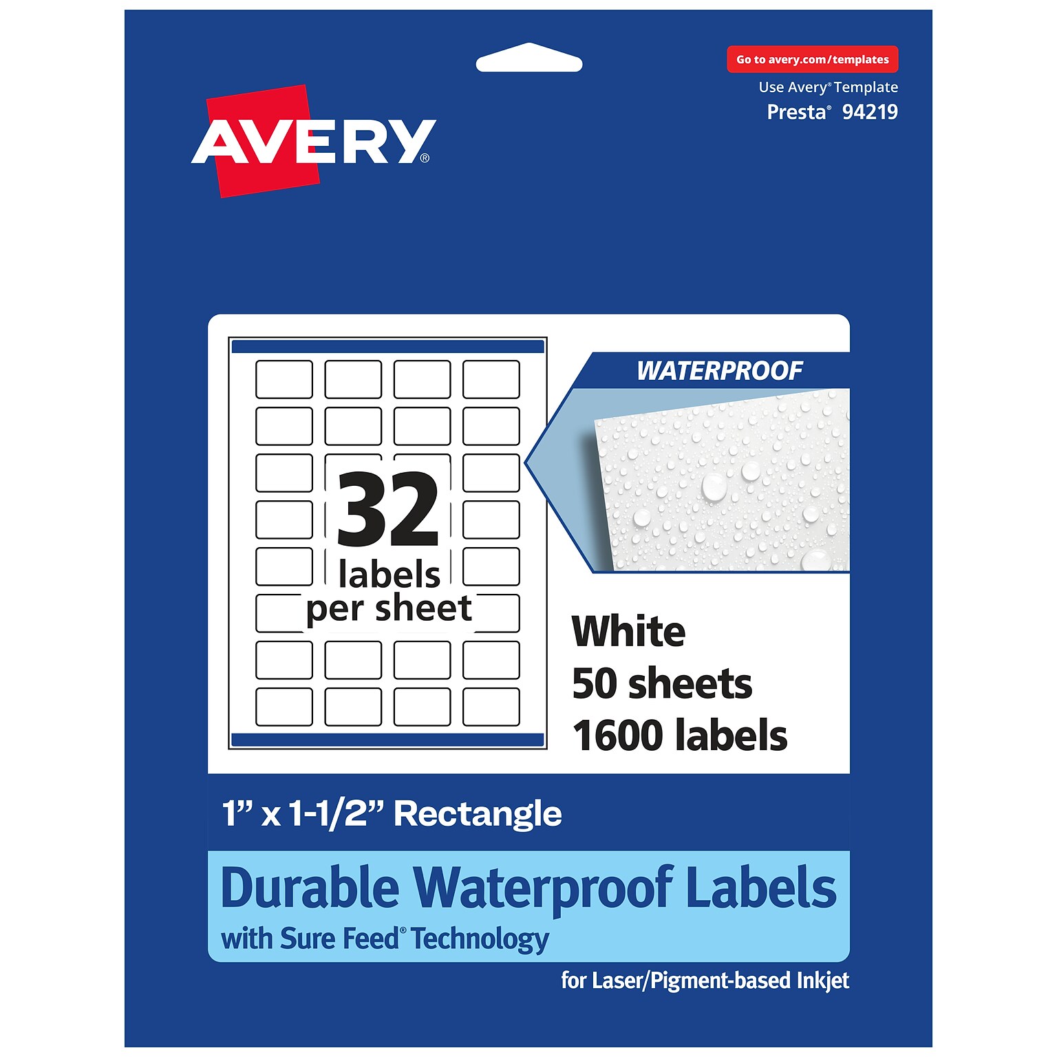 Avery Laser/Inkjet Waterproof Multipurpose Rectangle Labels, 1 x 1.5, White, 1600 Labels/Box (94219)