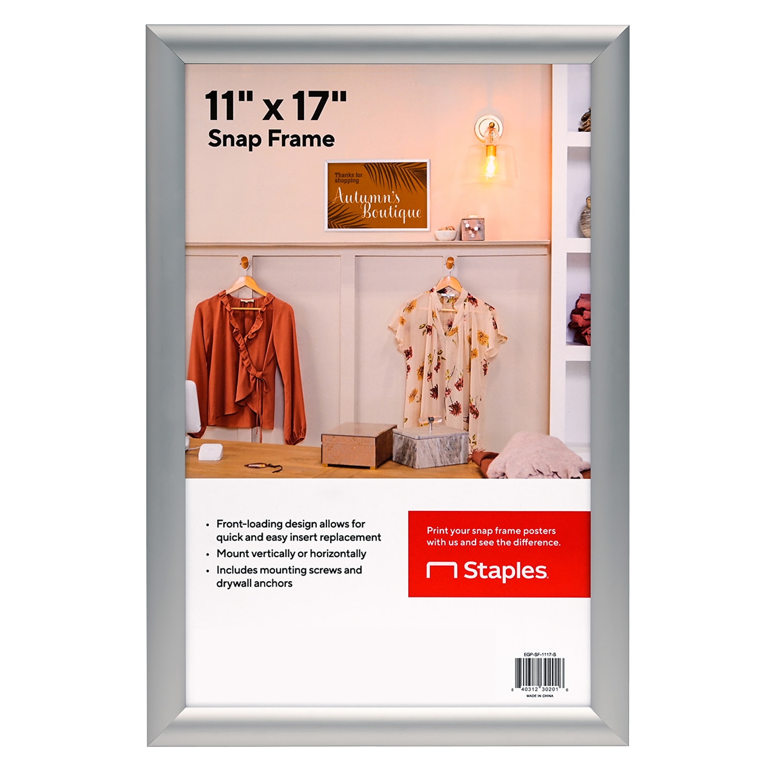 Staples Snap Frame Poster Holder, 11 x 17, Wall Mounted, Silver Aluminum (EGP-SF-1117-S)