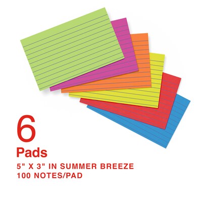Staples Sticky Notes, 3 x 5, Summer Breeze Collection, Lined, 100 Sheets/Pad, 6 Pads/Pack (ST62870