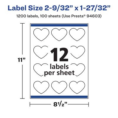 Avery Waterproof Heart Shaped Laser/Inkjet Multipurpose Labels, 1.8438" x 2.2813", White, 1200/Box (94603)